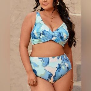 Cupshe Blue Marble Twist High Waist Bikini